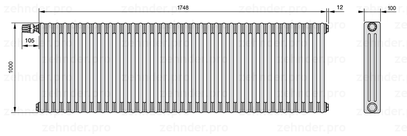 Схема (чертеж) Радиатор Zehnder Charleston 3100/38 №V011 Белый глянцевый RAL 9016